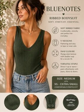 🌸 4/$20 Sale - Women’s Green Ribbed V-Neck Bodysuit (medium but fits xs)